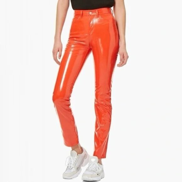 FIORUCCI Yves Orange Cigarette Vinyl High Rise Slim Straight Pants, Size 28 - Picture 1 of 15
